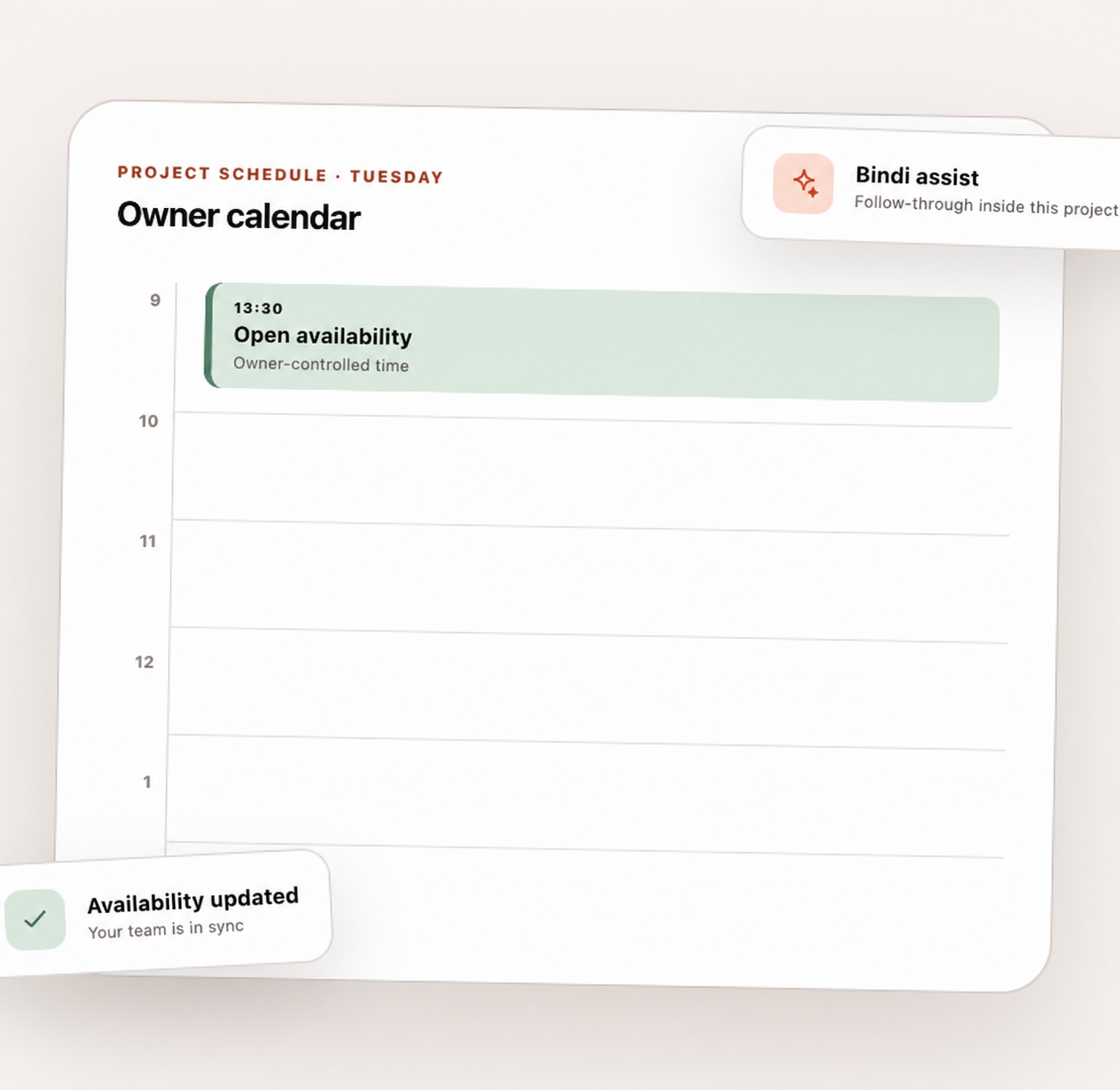Scheduler owner calendar showing owner-controlled availability and Bindi assistance