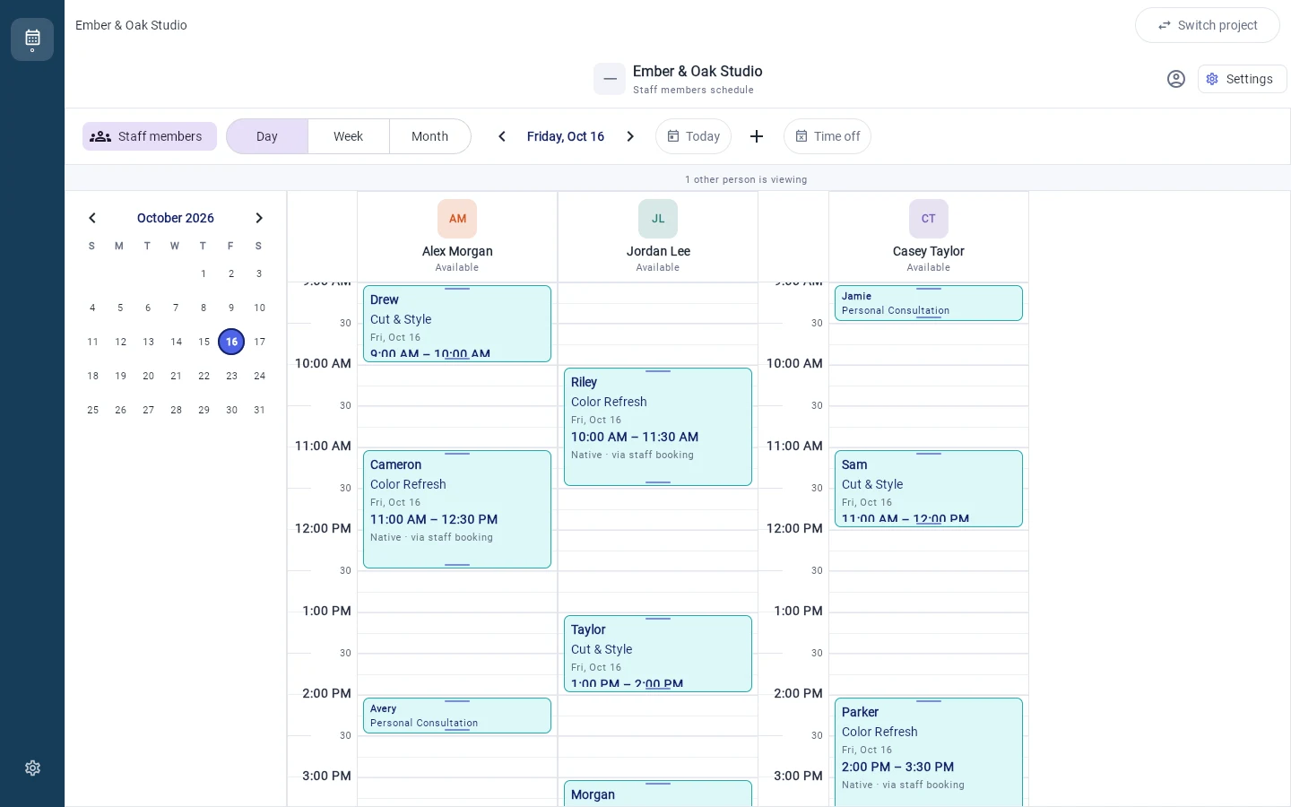 Team day calendar with fictional demo appointments